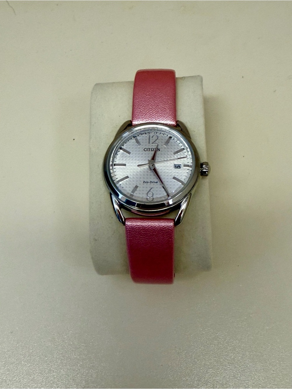 Citizen Eco-Drive Women’s Pink Leather Watch Date Silver Tone Light Powered